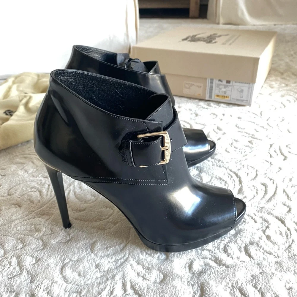 Burberry Leather Peep Toe Buckle Bootie - Picture 3 of 7